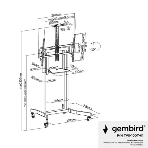 GEMBIRD STOJAK POD TELEWIZOR REGULACJĄ WYSOKOŚCI MOBILNY, NA KÓŁKACH, 55"-100" GEMBIRD STOJAK POD TELEWIZOR REGULACJĄ WYSOKOŚCI MOBILNY, NA KÓŁKACH, 55"-100"