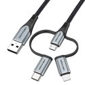 Kabel Vention USB-A 3w1 Micro-B USB-C Lightning 1m szary