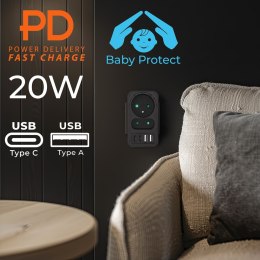 MACLEAN GNIAZDKO PRĄDOWE X2 + 4XUSB, ROZGAŁĘŹNIK Z 2 GNIAZDAMI, 2XUSB A, 2XUSB C PD 20W, 1X16A + 1X6A MCE249 F/B