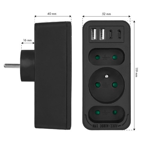 MACLEAN GNIAZDKO PRĄDOWE X3 + 4XUSB, ROZGAŁĘŹNIK Z 3 GNIAZDAMI, 2XUSB A, 2XUSB C PD 20W, 1X16A + 2X6A MCE248 F/B