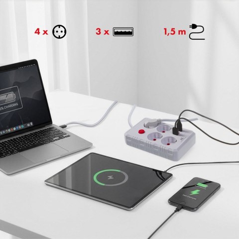 MACLEAN LISTWA ZASILAJĄCA, PRZEDŁUŻACZ 4 GNIAZDA + 3XUSB, 110-240V AC 50/60HZ, 2.1A MAX 2500W, 1,5M, BIAŁA MCE392 W