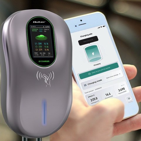 Qoltec Stacja ładowania EV 2w1 Typ2 22kW Wi-fi LCD RFID 3 fazy Wallbox 5m