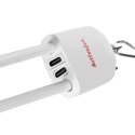 Activejet smycz z przewodem do ładowania 3w1 biała. Końcówki z różnymi złączami: USB-C, Adapter Lightning, USB-A.