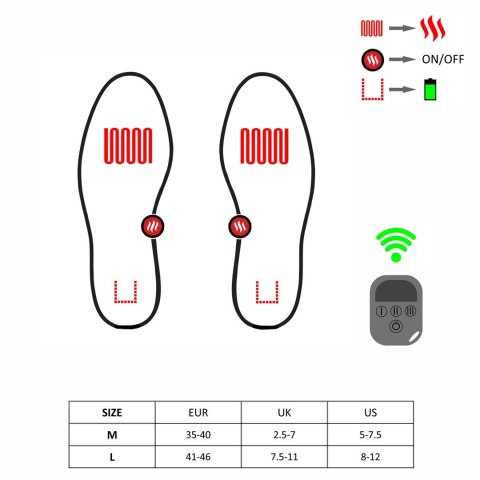 GLOVII OGRZEWANE WKŁADKI DO BUTÓW Z PILOTEM,ŁADOWANE BEZPRZEWODOWO,ROZMIAR L (41-46) GW3L